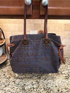 Dooney & Bourke Brown and Blue Monogram Tote with Leather Tag